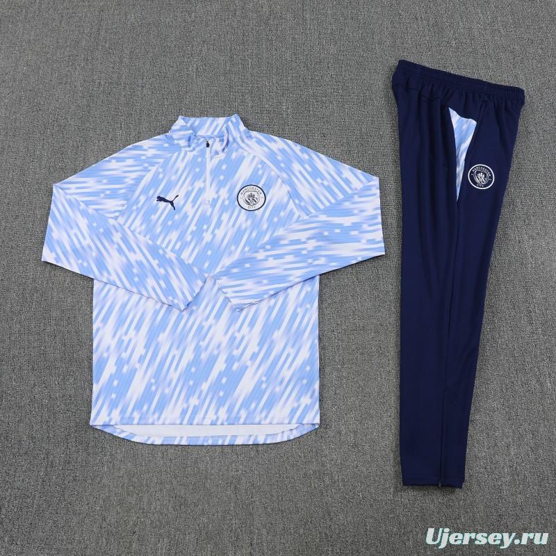 25/26 Manchester City White with Sky Blue Diagonal Stripes Half Zipper Jacket Tracksuit +Long Pants