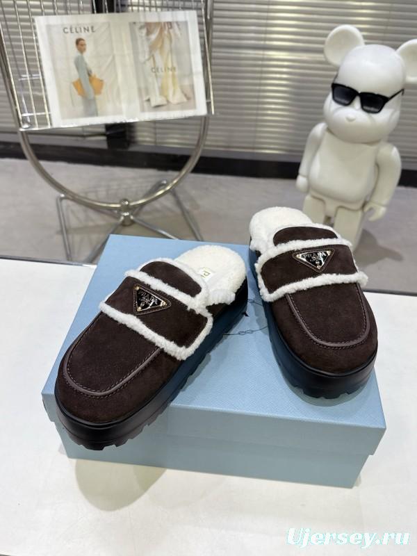 Prada SS25 Early Spring Fur Slippers with Rubber IP Ultra-Light Foam Sole - KFY00280