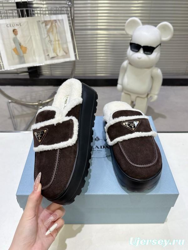 Prada SS25 Early Spring Fur Slippers with Rubber IP Ultra-Light Foam Sole - KFY00280