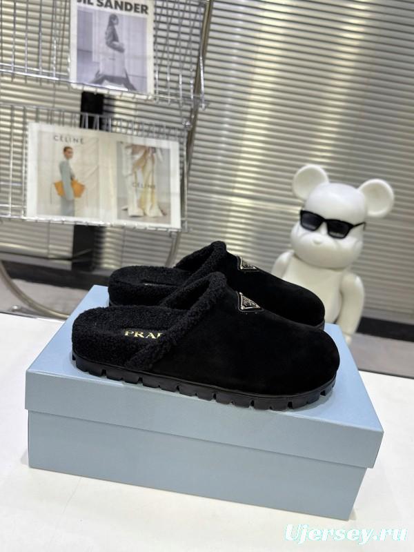 Prada 2025 Fall Winter New Fur Mule Slippers Triangle Buckle Bread Toe Half Slippers - KFY00270