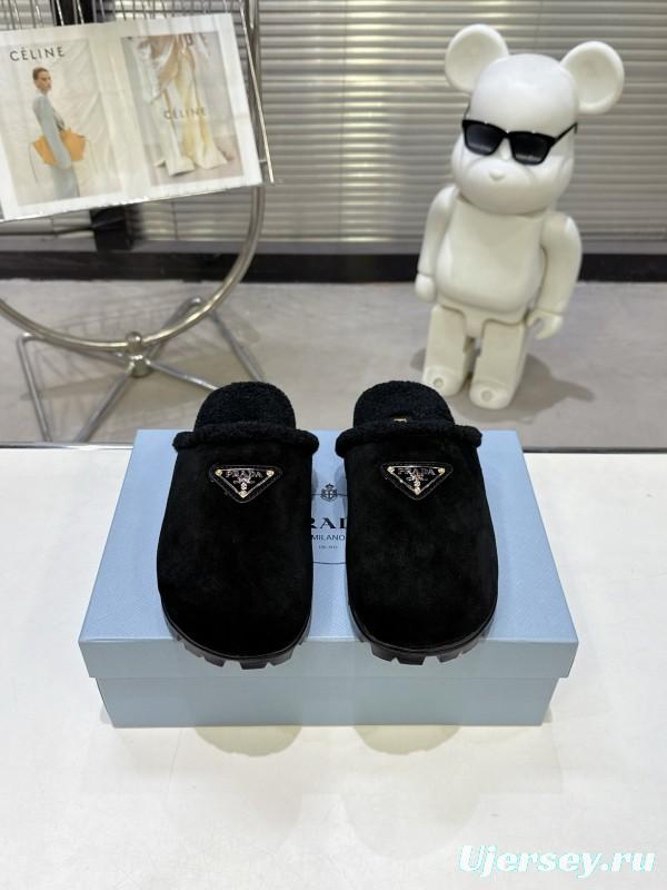 Prada 2025 Fall Winter New Fur Mule Slippers Triangle Buckle Bread Toe Half Slippers - KFY00270