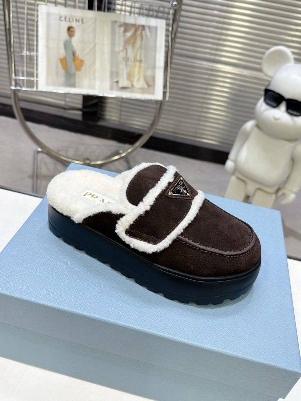 Prada SS25 Early Spring Fur Slippers with Rubber IP Ultra-Light Foam Sole - KFY00280