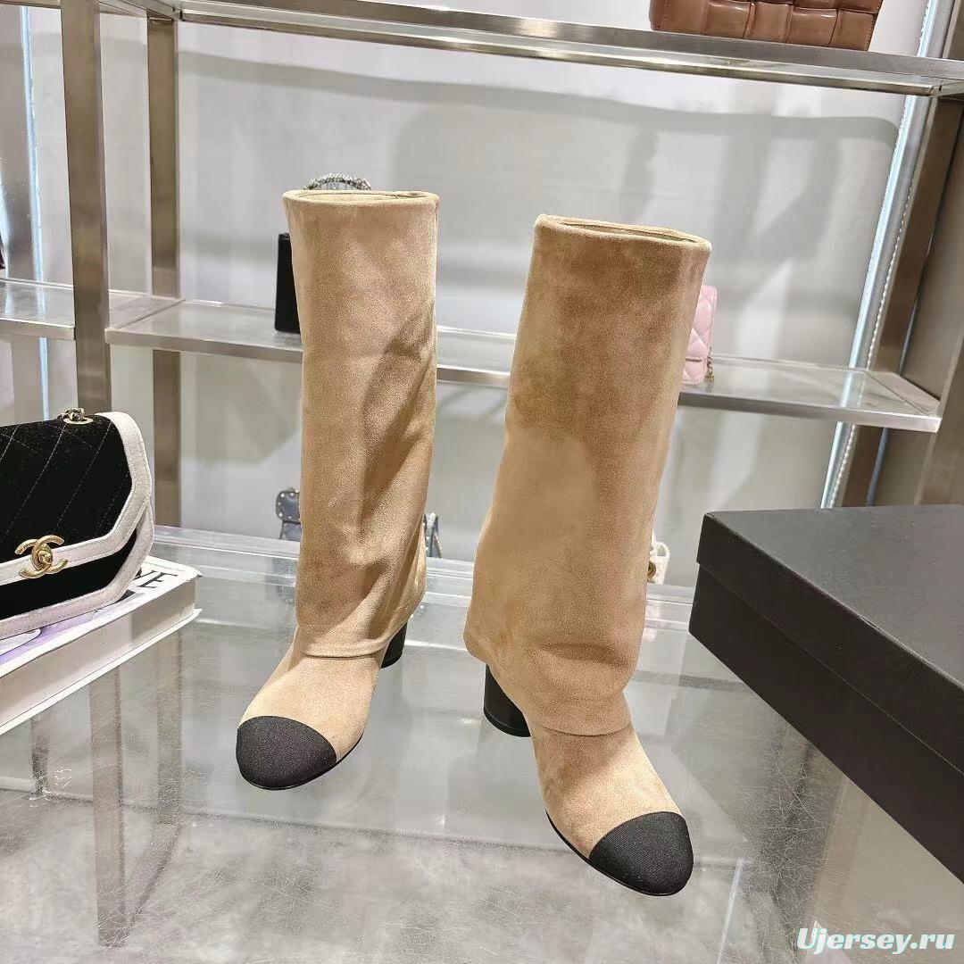 Chanel 2025/SS Small Fragrance Autumn Winter Runway Turned-Cuff Block Heel Straight Tube Boots Classic Color Block - LY00510