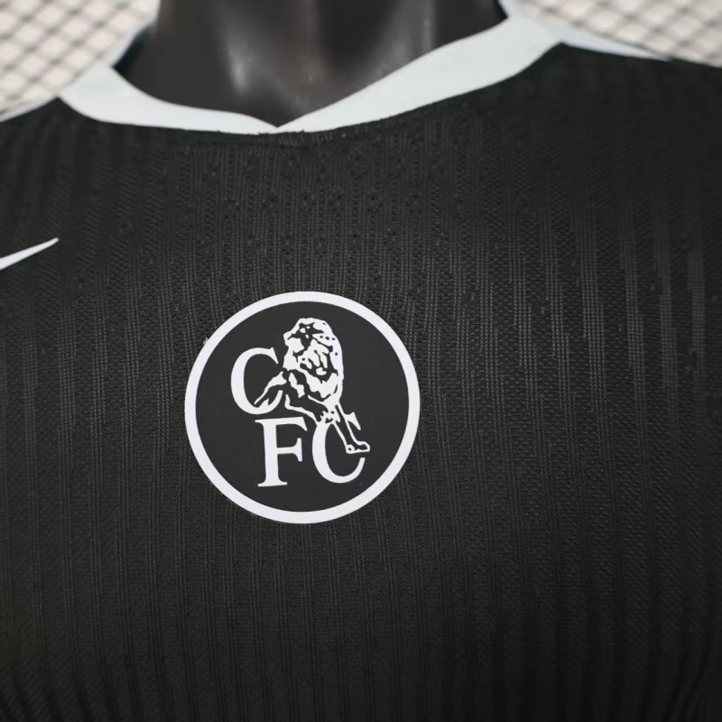 25/26 Player Version  Chelsea Away Dark Gray with Vertical Stripe Texture and Blue Piping Jersey