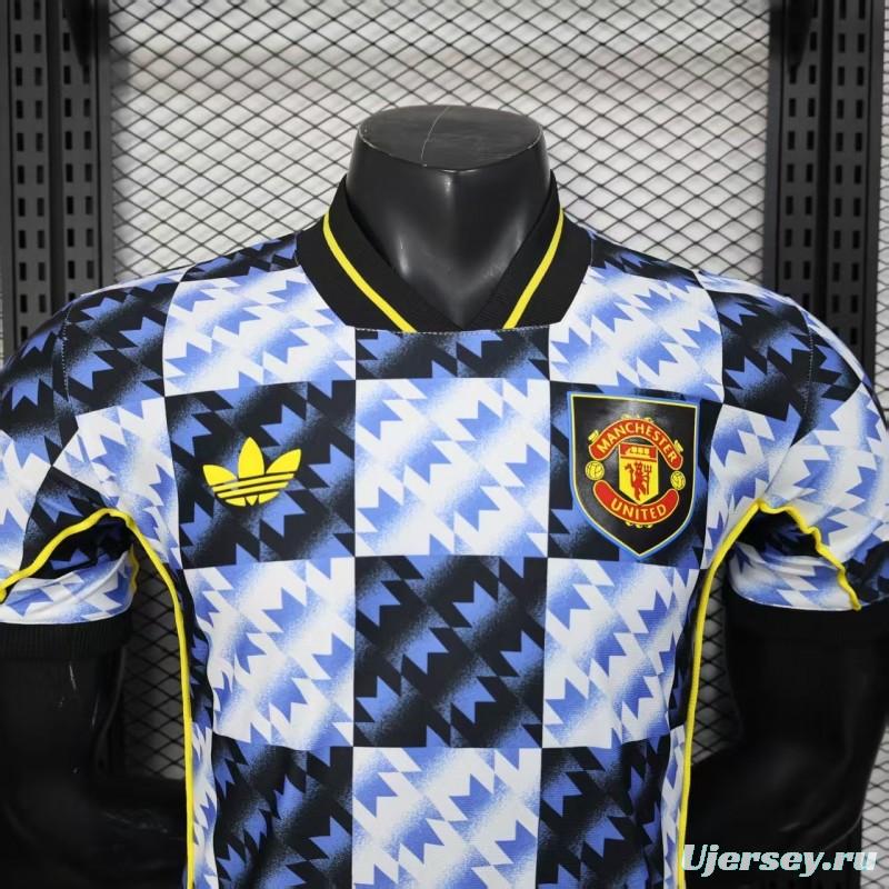 25/26 Player Version  Manchester United Blue and Black with Checkerboard Houndstooth Pattern Jersey