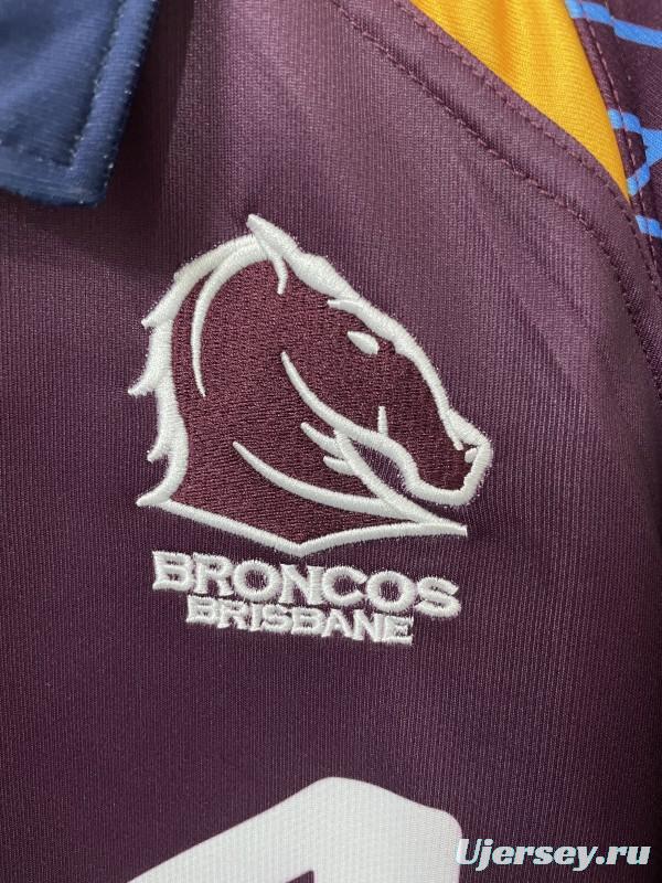 25/26 Brisbane Broncos Maroon with Blue Striped Sleeves and Gold Geometric Jersey