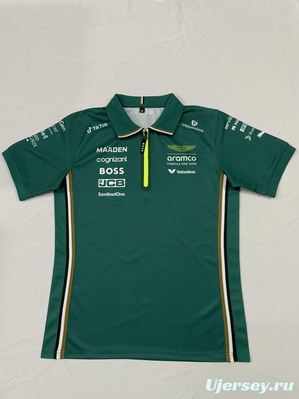 2025 F1 Aston Martin Aramco F1 Team Dark Green with Yellow Zipper Polo