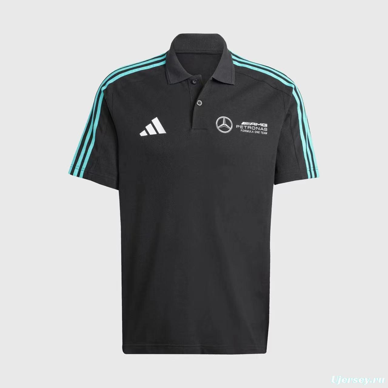 2025 F1 Mercedes-AMG Petronas Formula One Team Black with Turquoise Three Stripes Polo Shirt