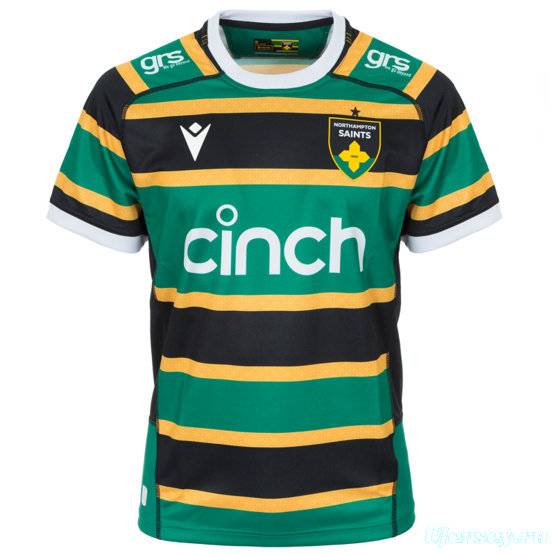 25/26 Northampton Saints Green with Gold and Black Hoops Home Jersey