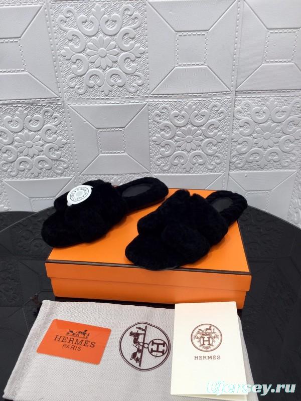 H Teddie Wool H Slippers Flat Sole Fur Slides - LY00240