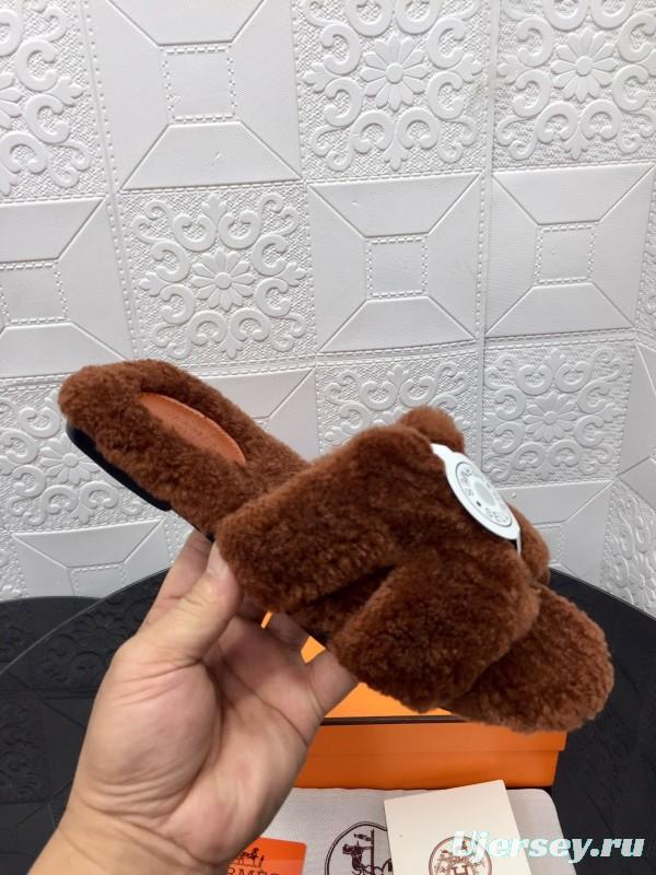 H Teddy Wool H Slippers Flat Sole Winter Fur Slippers - LY00240