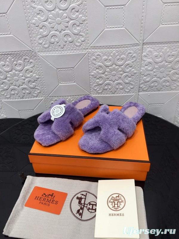 H Eiderdown Teddy Wool H Slippers Flat Sole Fur Slides - LY00240