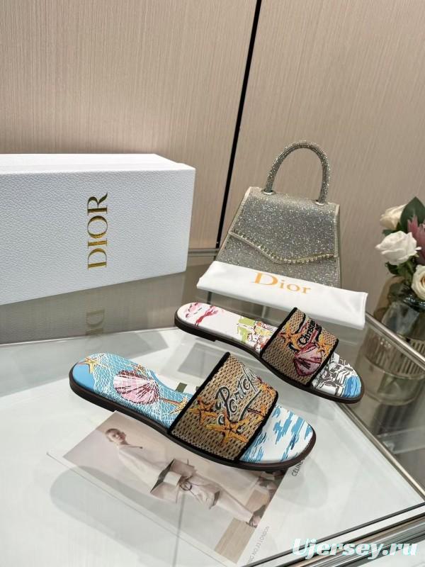 Dior 2025 SS Embroidered Monogram Slippers for Women with Lambskin Lining - L Y00200/L Y00240