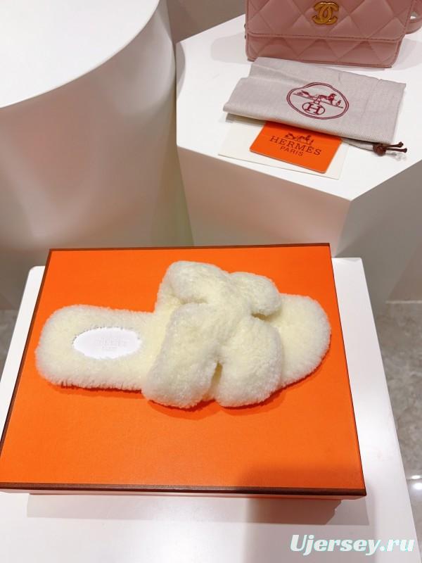 Hermes Teddy Wool H Slippers Flat Fur Slides - LY00240