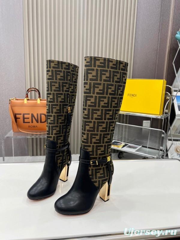 FENDI Delfina Round Toe Boots with FF Buckle and Heel Detail - LY00
