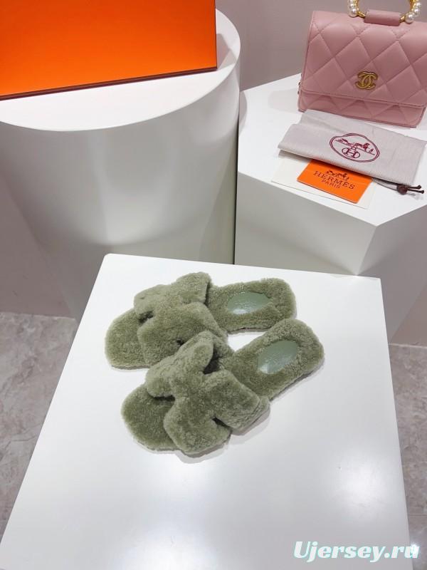 H Teddy Wool H Slippers Flat Sole Fur Slippers for Autumn Winter - LY00240