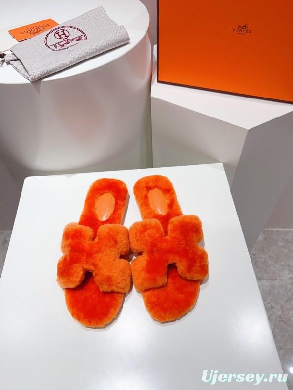 Hermès Teddy Wool H Slippers Flat Sole Fur Slides - LY00240