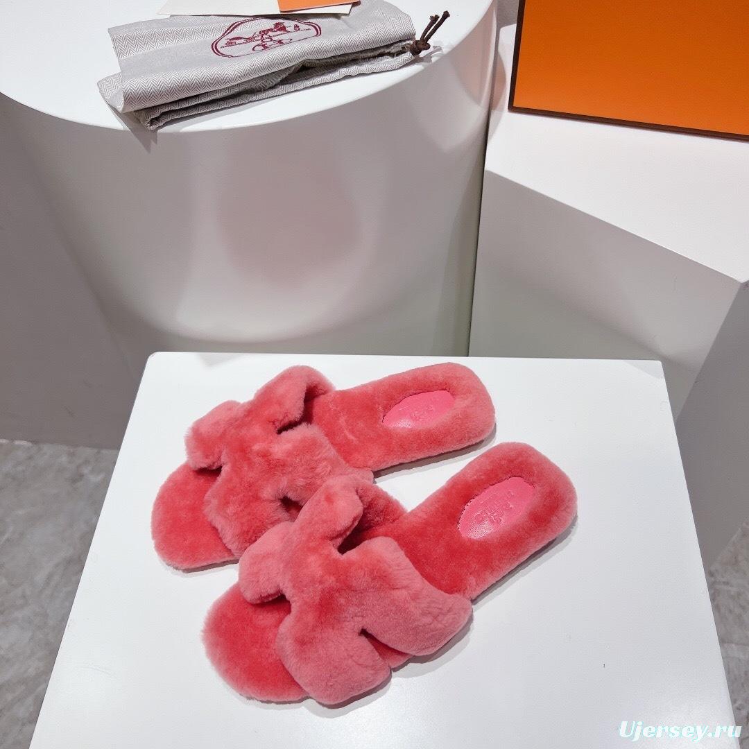 Hermès Teddy Wool H Slippers Flat Sole Fur Slides - LY00240