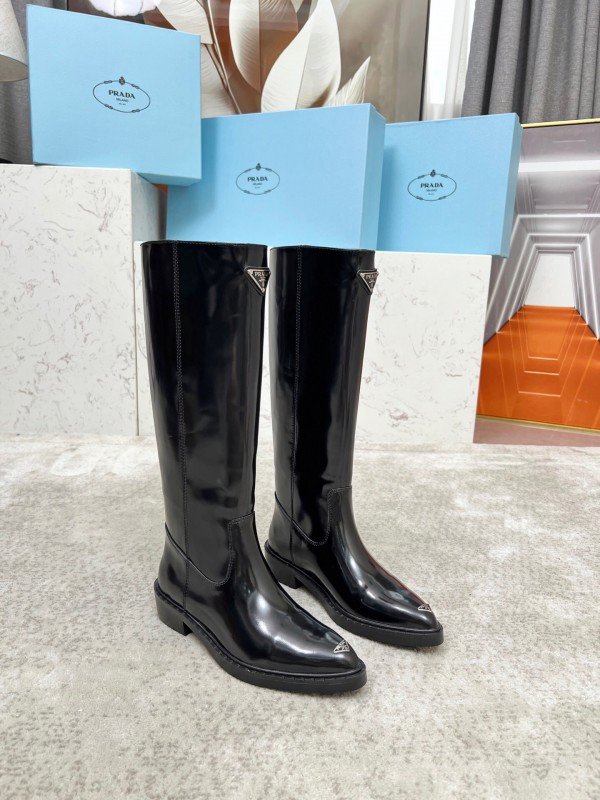 Prada Classic Triangle Logo Pointed Toe Boots - LY00400