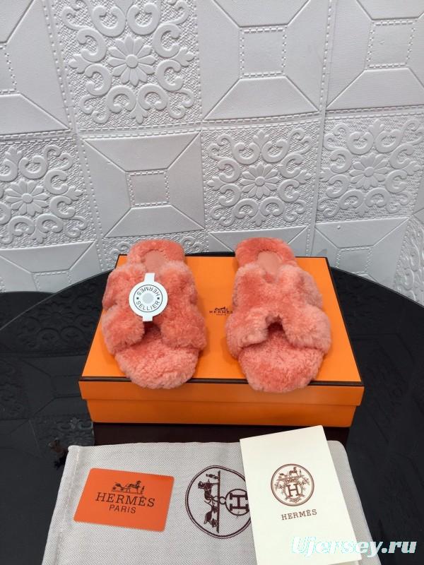 H Teddy Wool H Slippers Flat Sole Winter Home Shoes - LY00240