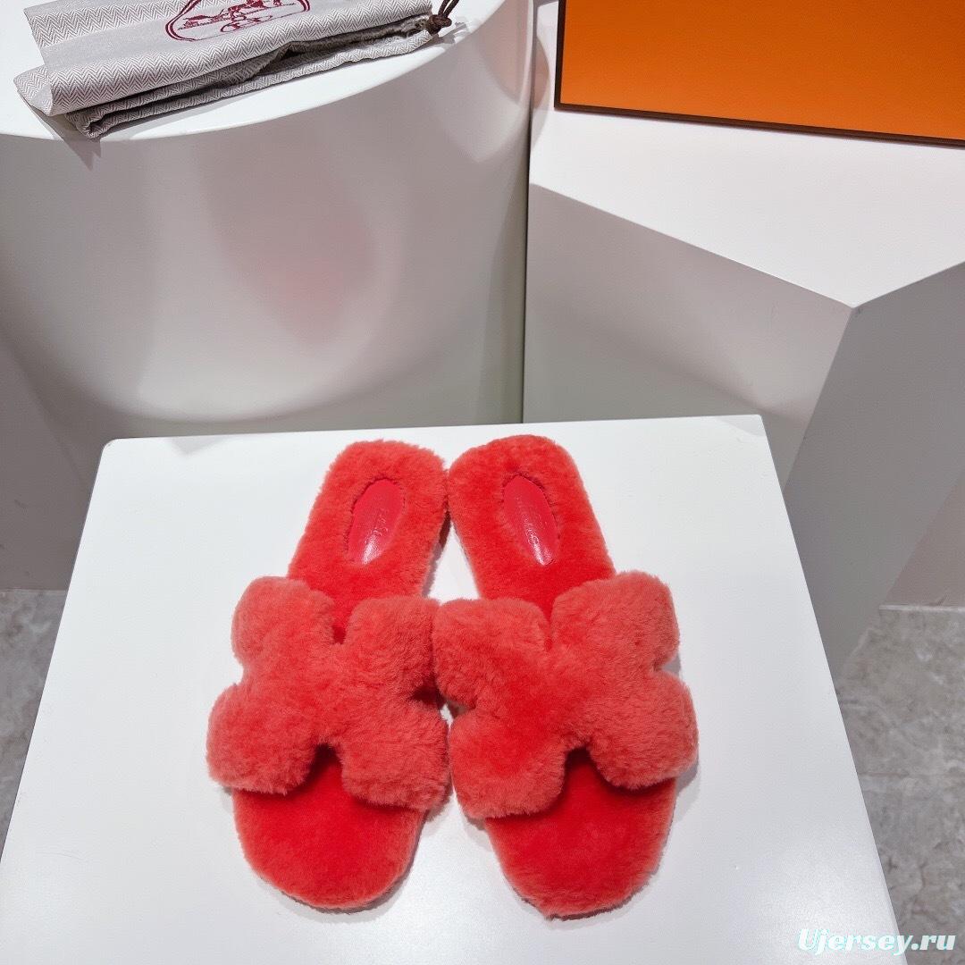 Hermès Teddy Wool H Slippers Flat Sole Fur Slides - LY00240