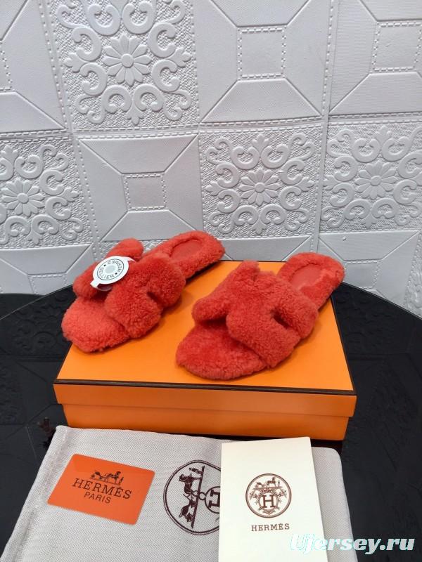 H Teddy Wool H Slippers Flat Sole Fur Slides - LY00240