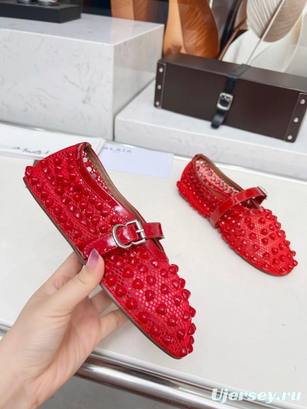 Alaia 2025/SS Beaded Openwork Ballet Dance Shoes with Mixed Lamb Leather Insole and 0.8CM Inner Height - LY00280