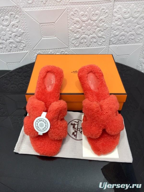 H Teddy Wool H Slippers Flat Sole Fur Slides - LY00240