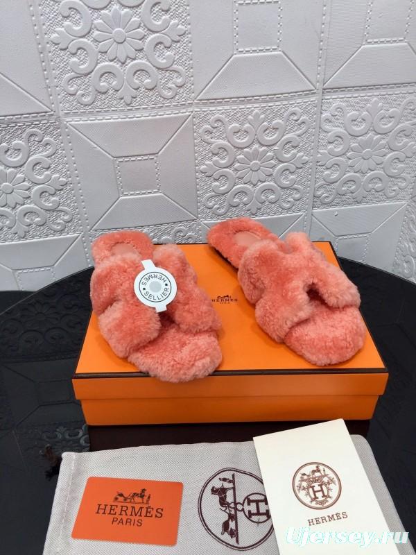 H Teddy Wool H Slippers Flat Sole Winter Home Shoes - LY00240