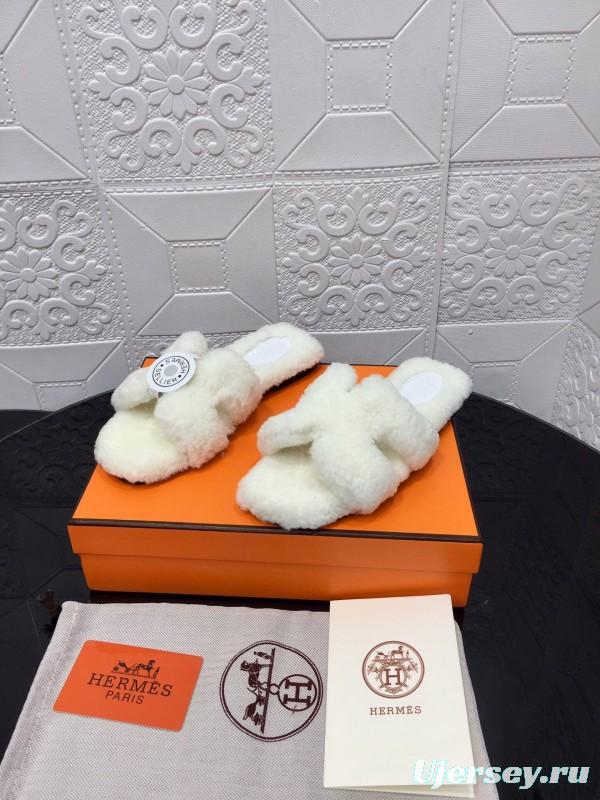 H Teddy Wool H Slippers Flat Sole Fur Slides - LY00240