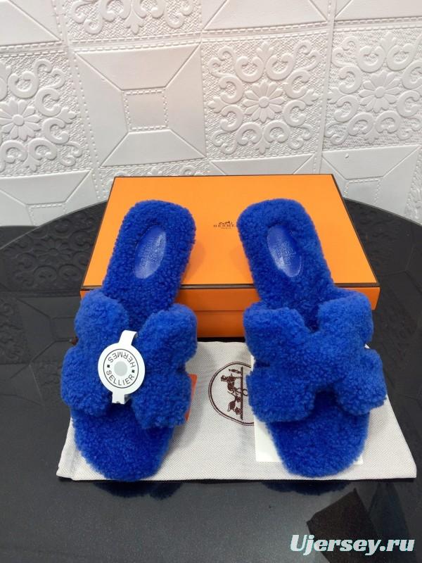H Hermes Teddy Wool H Slippers Flat Sole Fur Slides - LY00240