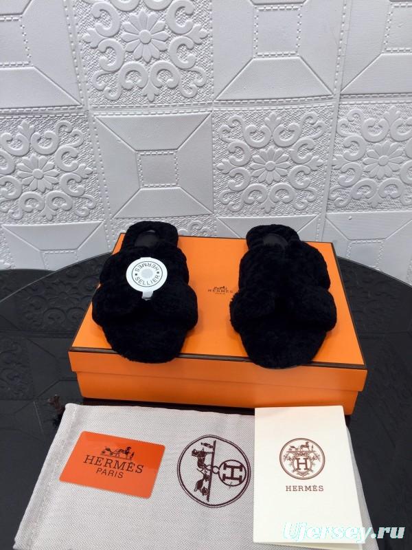H Teddie Wool H Slippers Flat Sole Fur Slides - LY00240