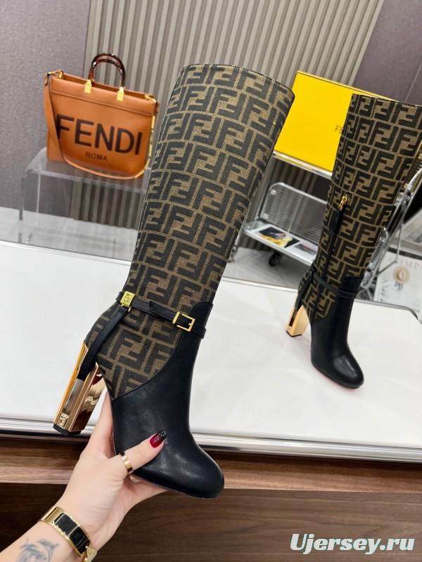 FENDI Delfina Round Toe Boots with FF Buckle and Heel Detail - LY00