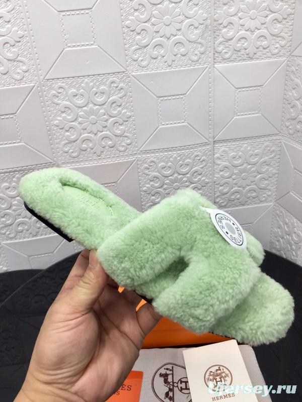 H Eiderdown Teddy Wool H-Logo Slippers Flat Sole Winter Home Shoes - LY00240