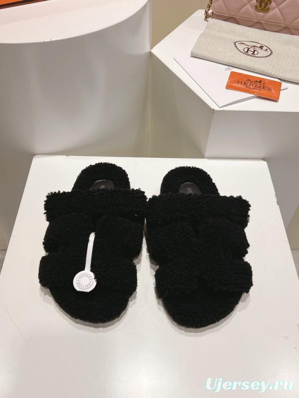 H Full Straight Hair Particle Fur Slippers - LY00300