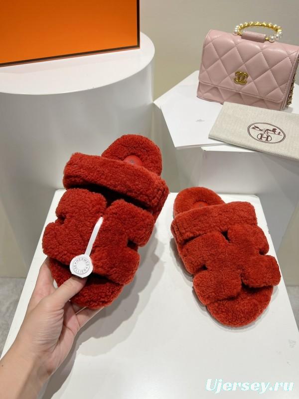 H Love Erjiu Full Wool Slippers with Wavy Fur Design - LY00270
