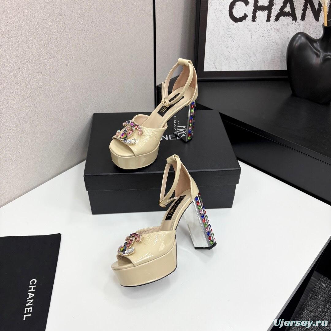 Adidas 2025/SS Little Fragrance Style Nightclub Color Diamond Chunky Heel Square Heel High Heel Waterproof Platform Back Strap Simple Sandals - KFY00350