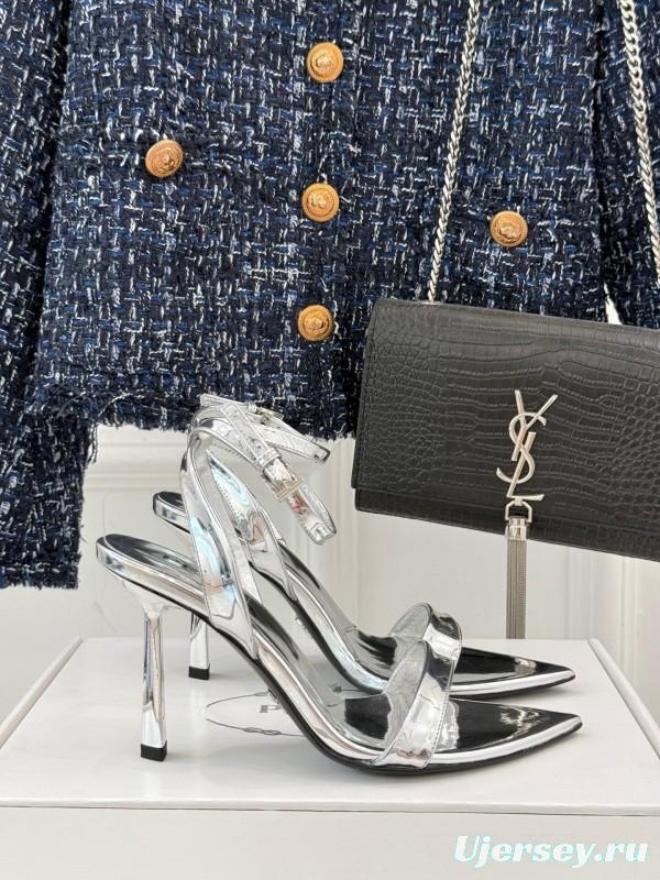 Prada 2025 SS Pointed Toe High Heel Sandals with Triangle Buckle - KFY00280