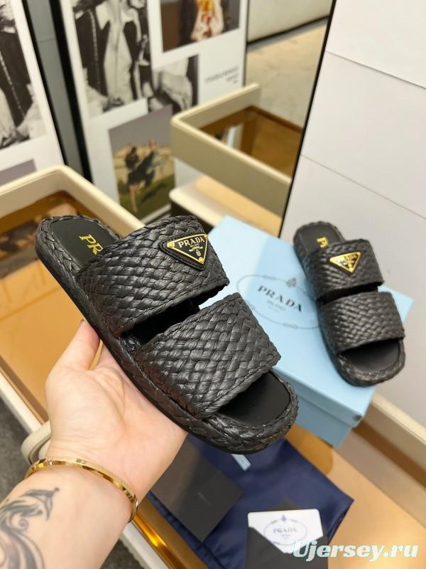 Prada 2025 SS Raffia Handwoven Open-Toe Sandals - KFY00260
