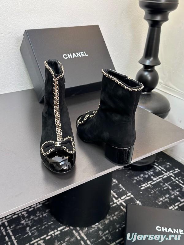 Chanel 2025 SS Chain Bow Chunky Heel Ankle Boots - LY00370