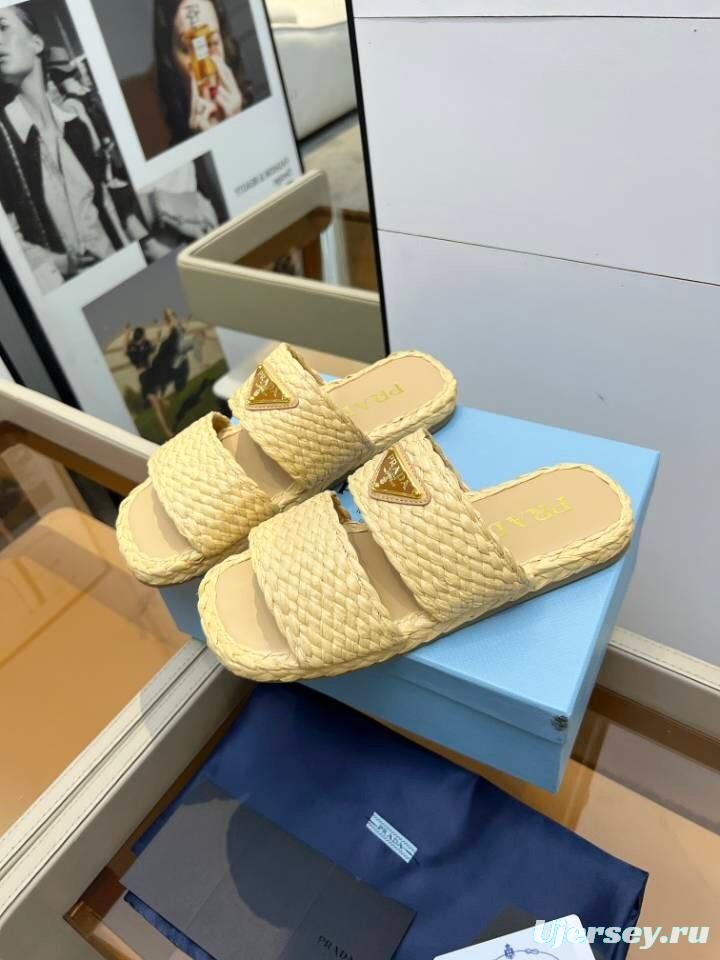 Prada 2025 SS Raffia Handwoven Open-Toe Sandals - KFY00260