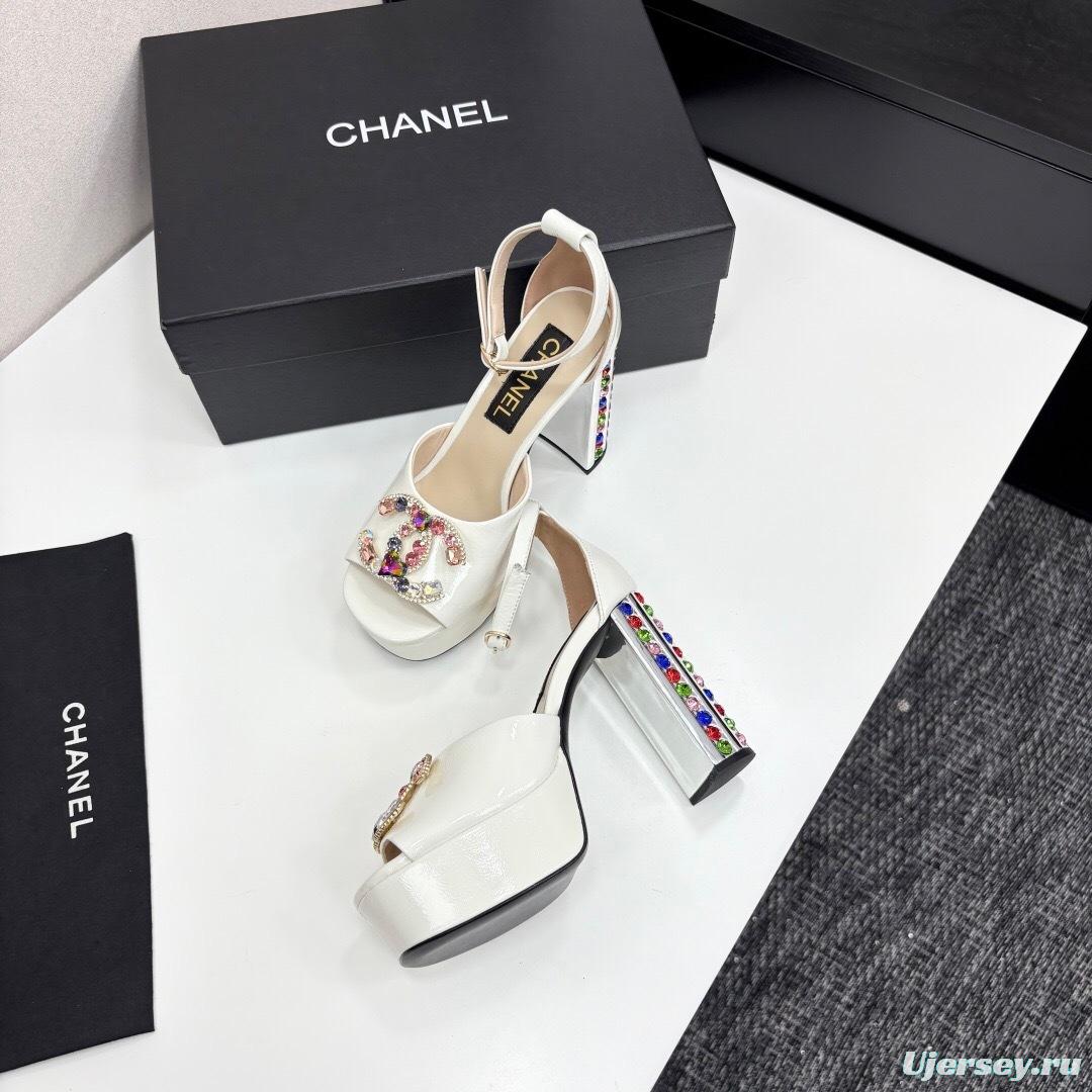 Chanel 2025/SS Glamorous Rhinestone Chunky Heel Platform Strappy Sandals - KFY00350