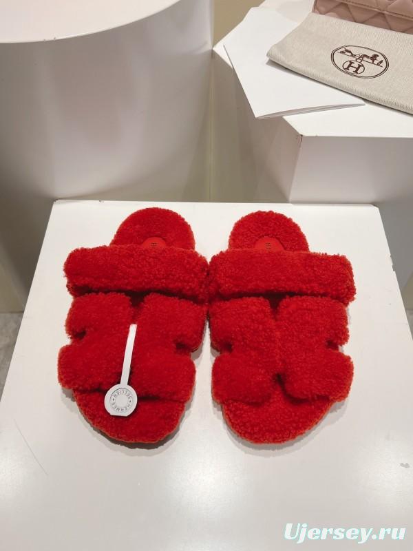 H Love Erjiu Full Wool Slippers with Wavy Fur Design - LY00270