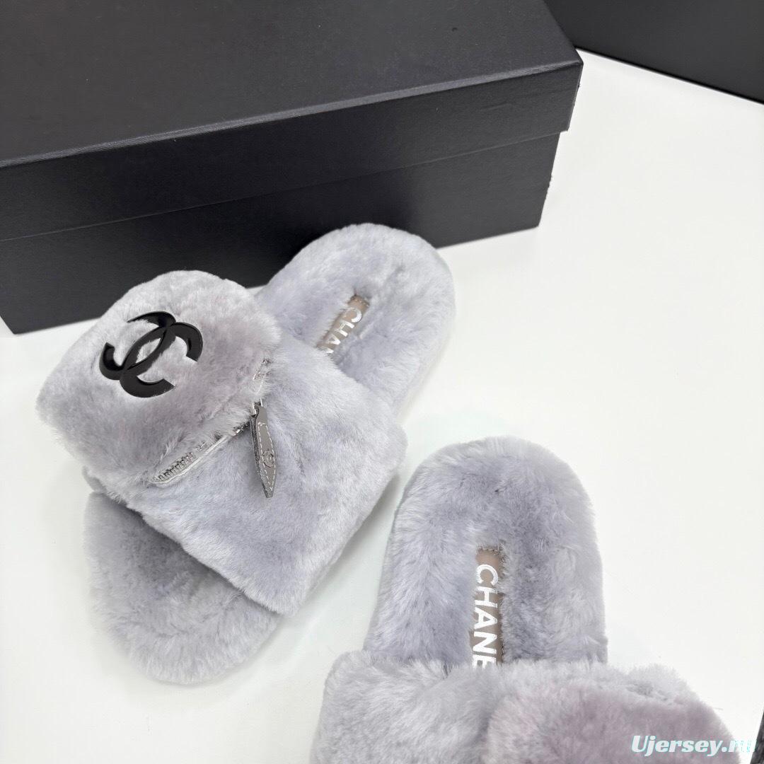 Chanel Fluffy Slippers Latest Color Design with Rubber Sole - LY00270