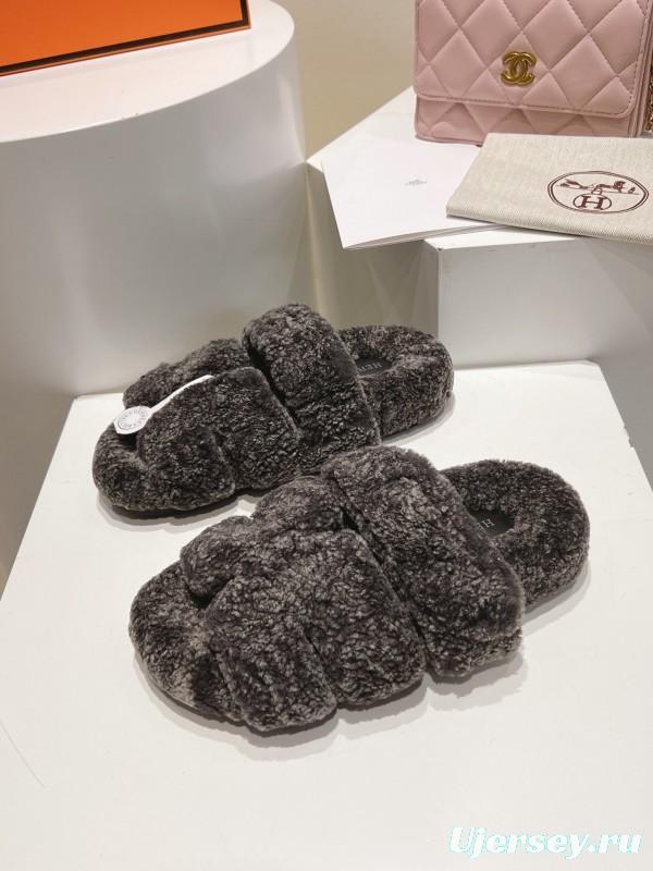 H Love Erjiu Full Wool Slippers with Slight Curly Wool Design - LY00270