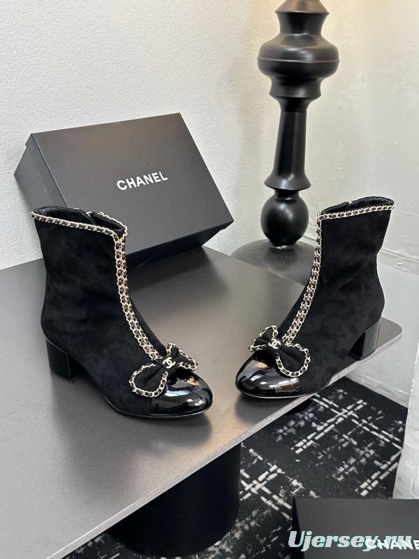 Chanel 2025 SS Chain Bow Chunky Heel Ankle Boots - LY00370