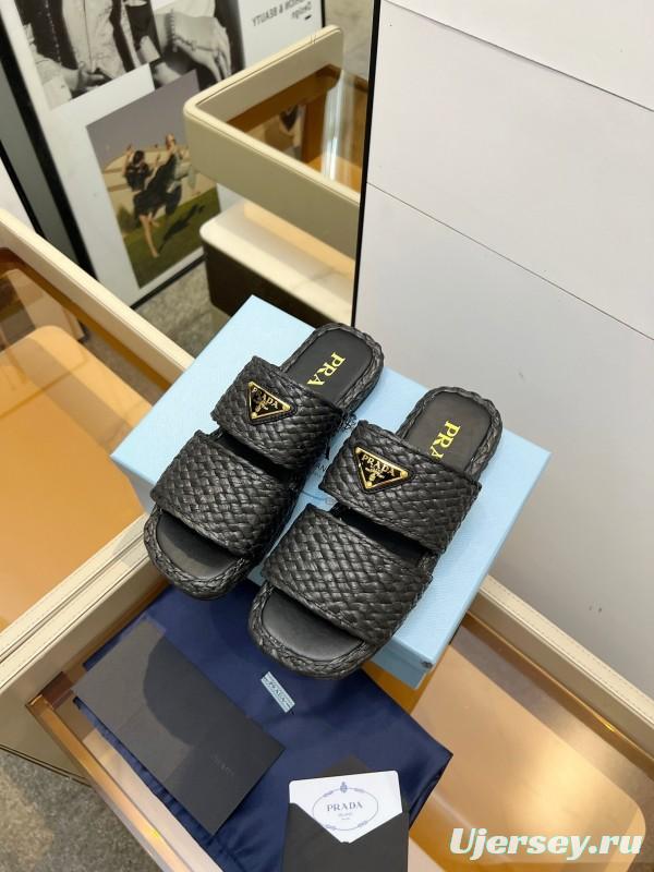 Prada 2025 SS Raffia Handwoven Open-Toe Sandals - KFY00260