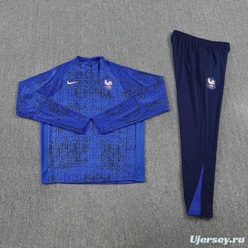 2025 France Royal Blue with Textured Pattern Half Zipper Jacket Tracksuit +Long Pants