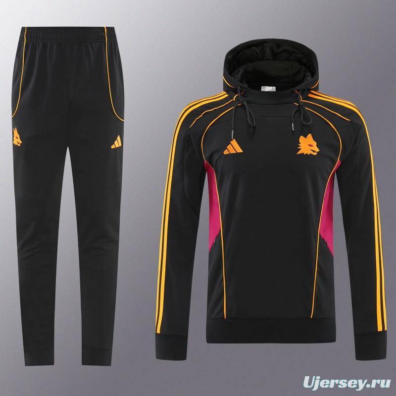 26/27 Roma Black Full Zipper Hooded Jacket Tracksuit + Long Pants