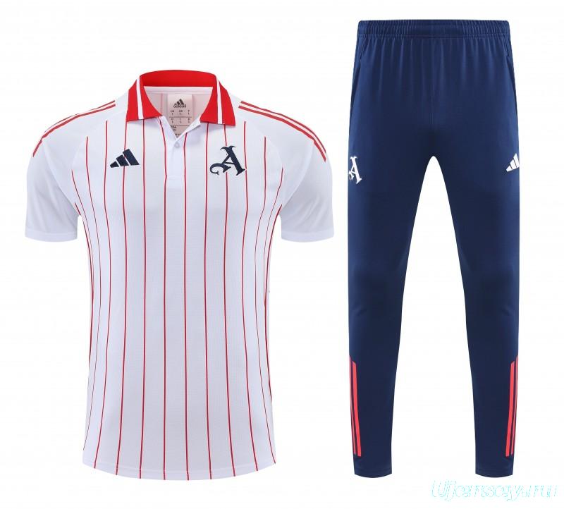26/27 Arsenal  White&Red Stripes  Polo Training Shirt + Long Pants Tracksuit